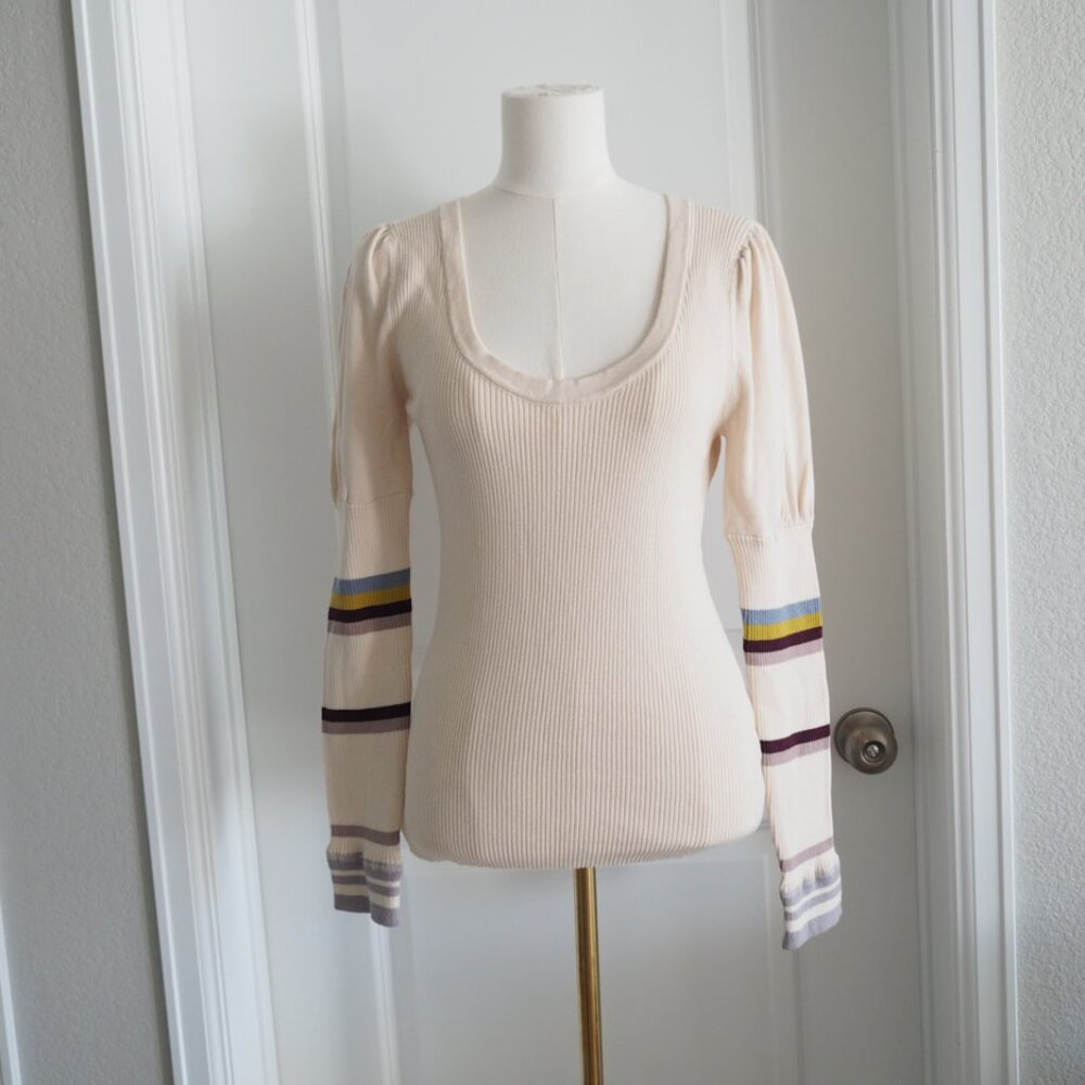Free People Cream Long Puffed Striped Sleeve Ribbed Knit Sweater Sz Medium Boho